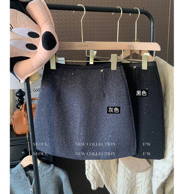 亮闪闪毛呢半身裙亮片短裙小香风