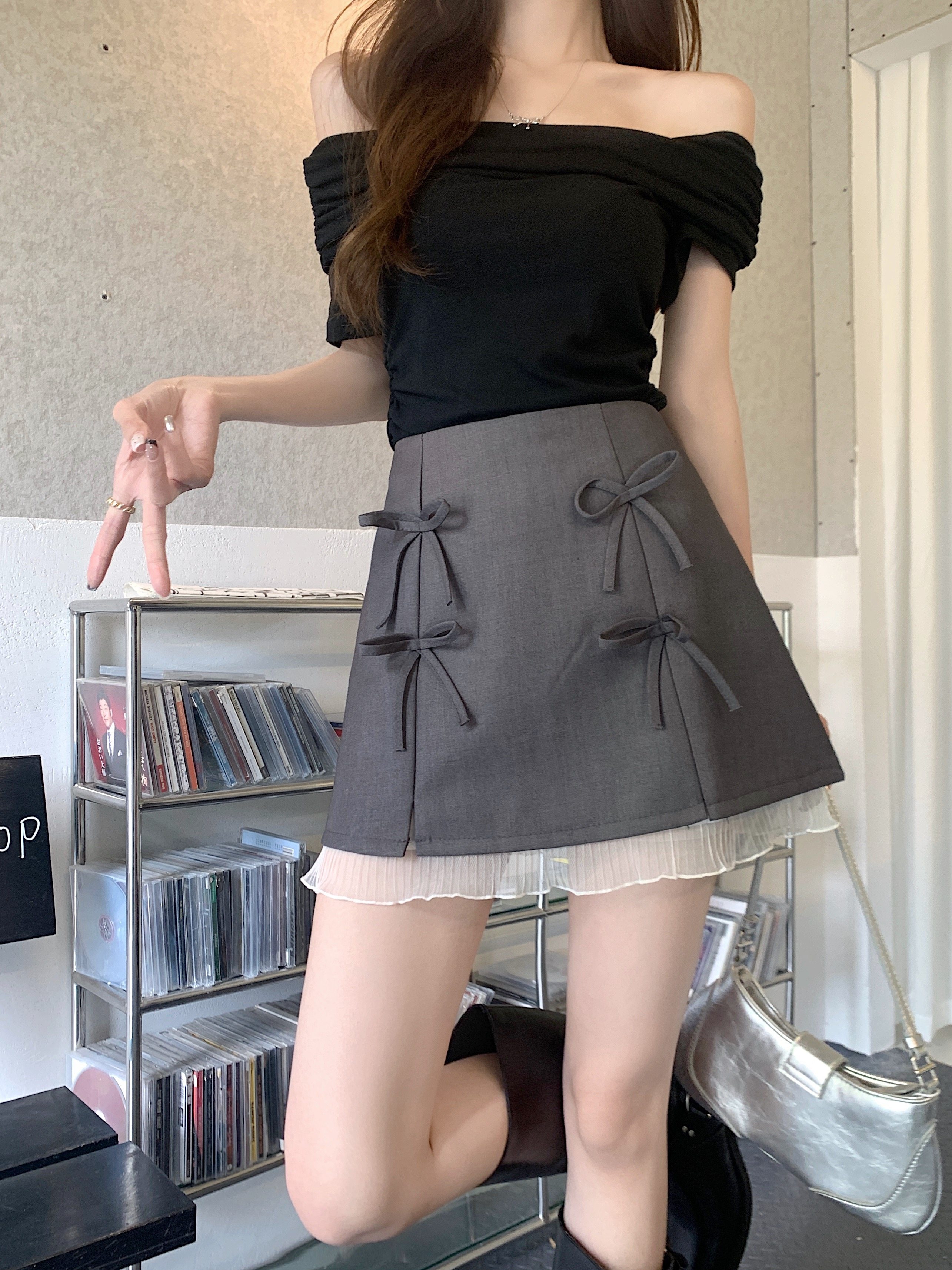 大码蝴蝶结灰色半身裙春夏高腰蕾丝拼接A字半裙女显瘦设计感短裙