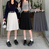 设计感中长款 美式 复古灰色百褶裙学院风半身裙女春夏大码 a字裙子