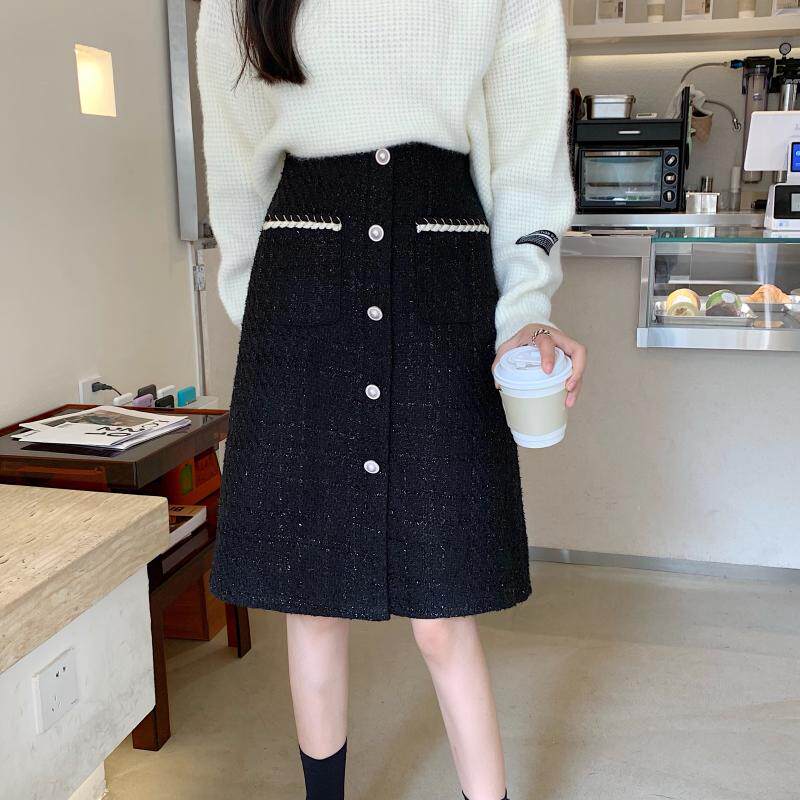 大码小香风粗花呢半身裙女秋冬高腰包臀中裙胖mm显瘦遮胯a字短裙