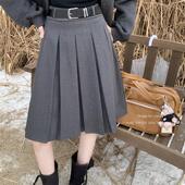 大码 秋冬a字半裙学院风遮胯半身裙 高腰灰色毛呢百褶裙女士中长款