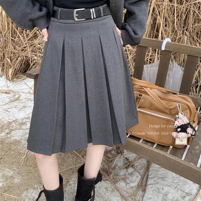 配腰带灰色毛呢a字百褶半身裙