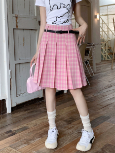学院风格 百褶裙美式 纹A字裙高腰显瘦短裙 中长款 粉格子半身裙大码