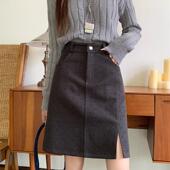 大码 灰色波点毛呢半身裙女秋冬高腰开叉a字短裙显瘦中长款 包臀裙