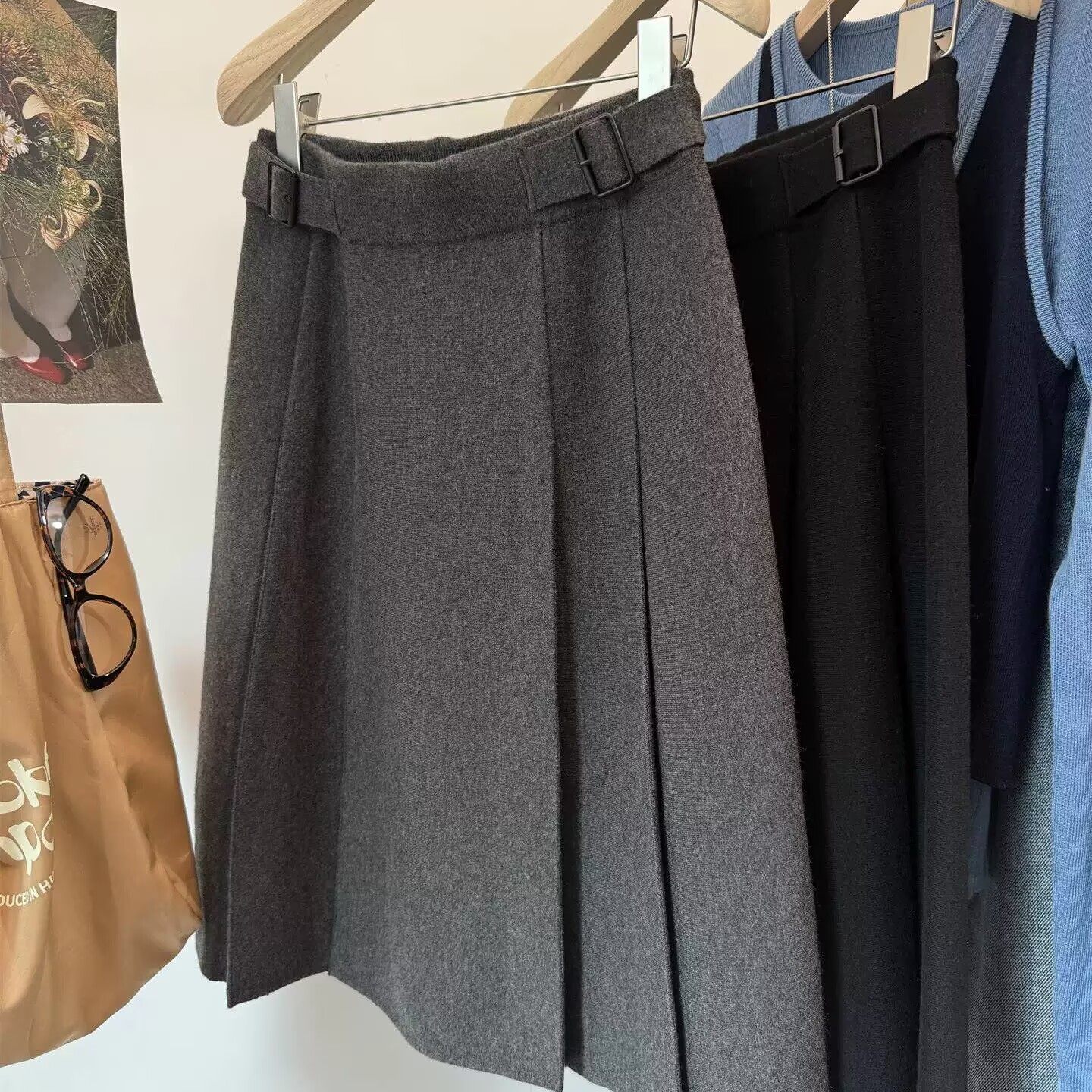 大码高腰灰色羊毛呢百褶裙女大码中长款秋冬a字半裙学院风半身裙