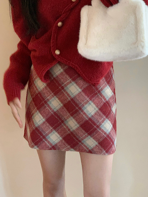 新年圣诞红色格子毛呢半身裙女