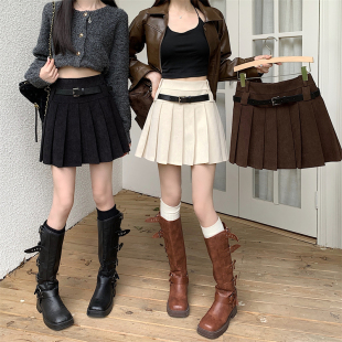 美式 高腰设计感半身裙 复古灯芯绒a字百褶裙秋冬辣妹遮胯短裙大码