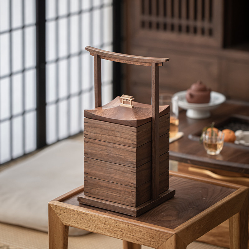 北美黑胡桃木坚果盘户外糕点收纳盒便携式食盒茶盒轻奢手提盒茶盒