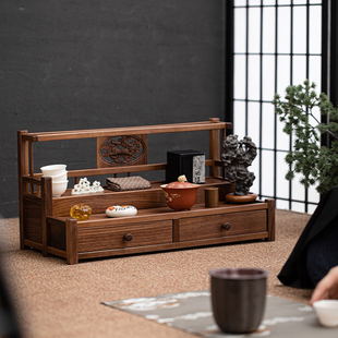北美黑胡桃茶壶架茶具收纳架桌面展示架双抽屉茶饼文玩手串收纳架