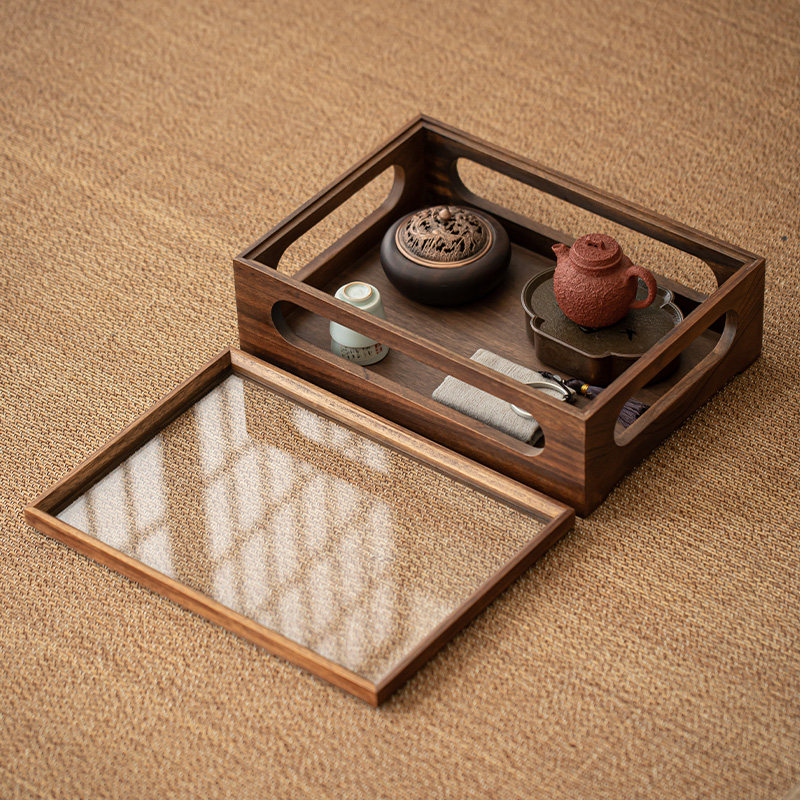 胡桃木防尘透明开合开窗玻璃柜茶具收纳盒展示盒首饰茶几收纳盒
