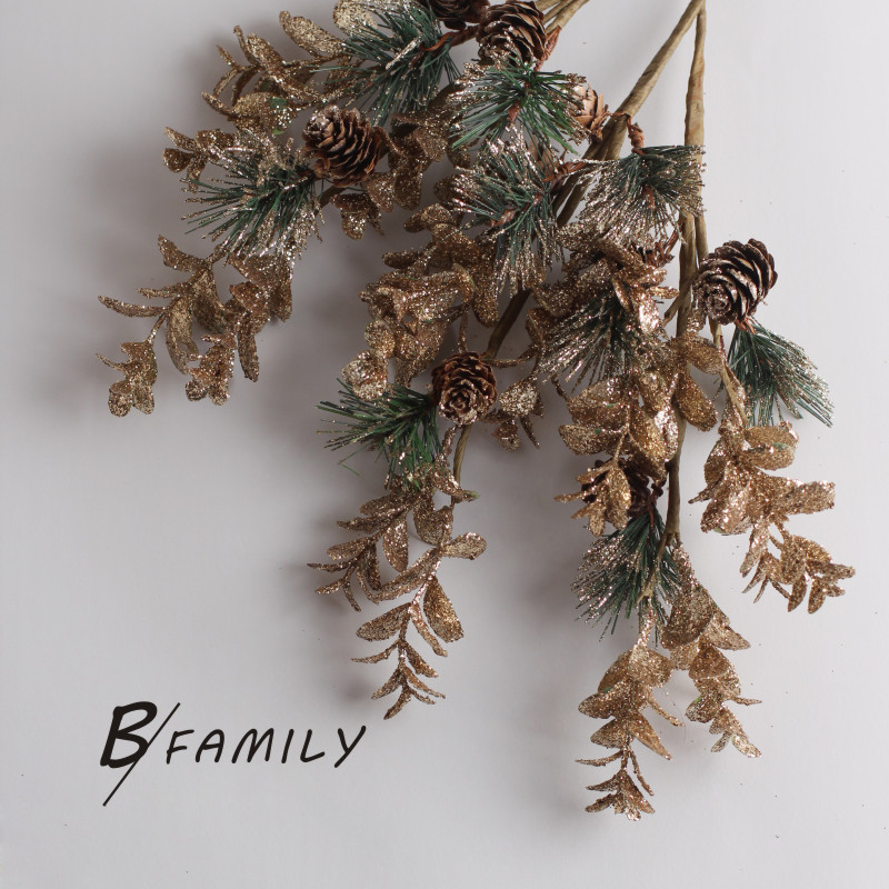 圣诞装饰仿真花金色亮片松针松果混合插枝假花整体花艺节日布置