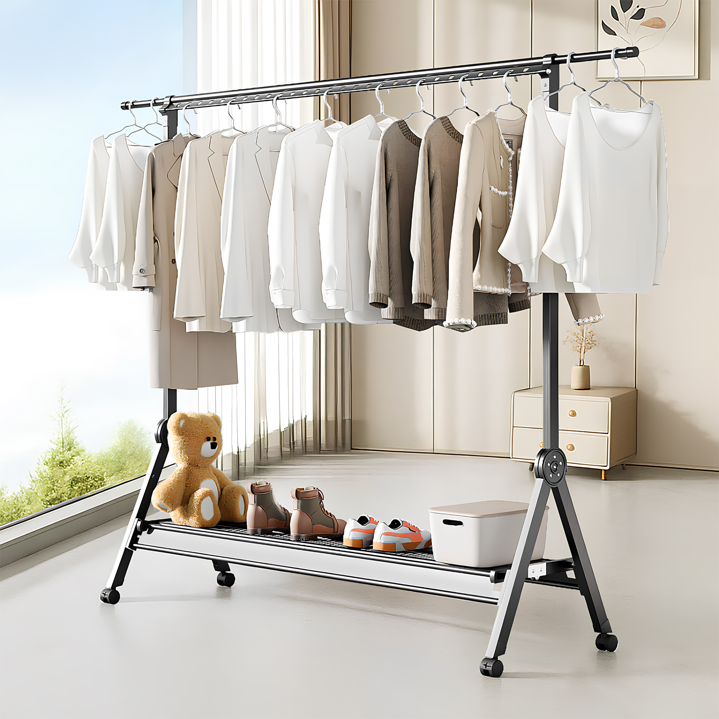 侧边晾衣架落地折叠室内阳台单杆小型卧室挂衣架伸缩晒被子晾衣杆