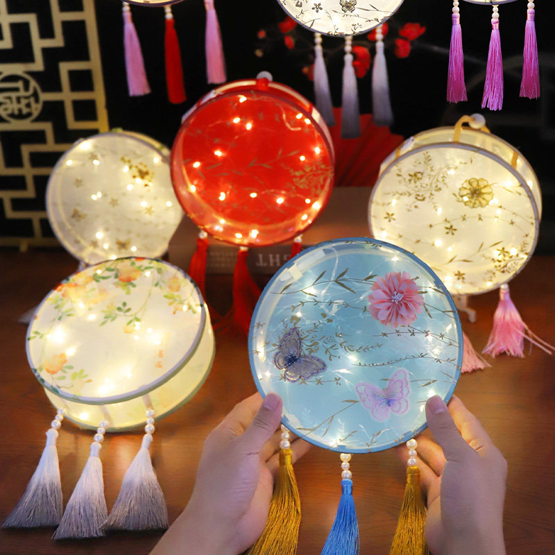中秋节儿童手提灯笼手工制作diy材料包发光创意花灯古风布艺宫灯