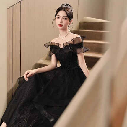 黑色晚礼服女2024新款高端轻奢显瘦艺考音乐生成人礼气质年会长裙
