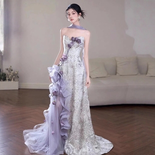 紫色晚礼服2025新款 高级感超仙订婚晨袍成人礼生日宴会拖尾敬酒服