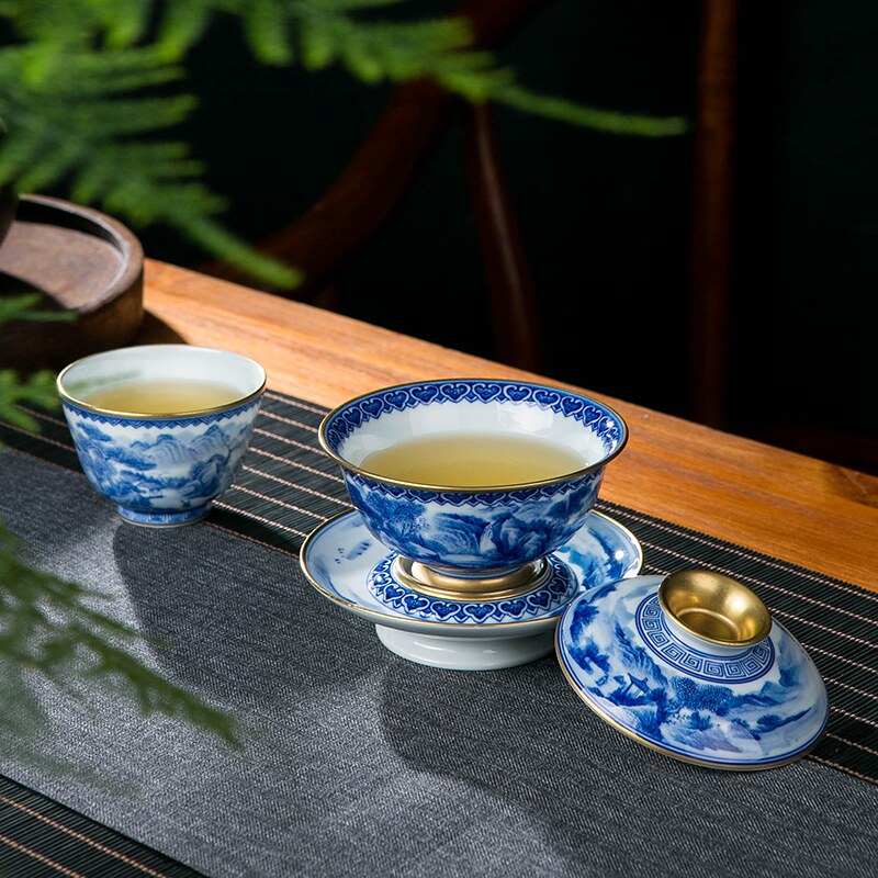 景德镇手工手绘青花瓷山水盖碗茶杯单个陶瓷仿古装饰三才泡茶茶碗