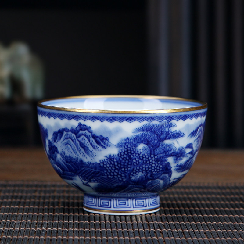 景德镇柴窑青花瓷 手绘山水主人杯 个人专用仿古单杯手工陶瓷茶杯