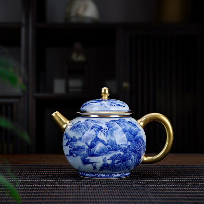 景德镇柴窑青花茶壶单壶中式仿古手绘山水泡茶壶陶瓷家用功夫茶具