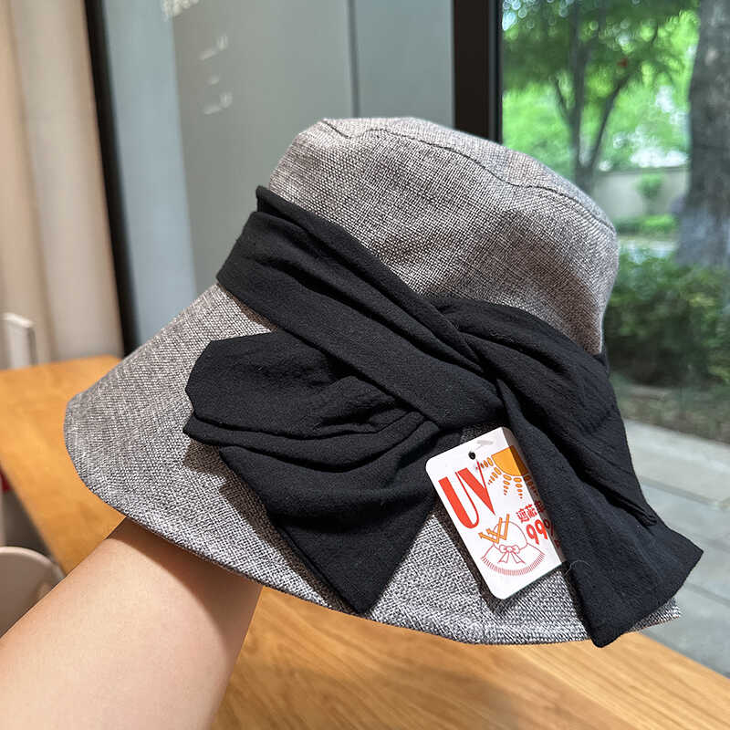 日本定制款 99%防紫外线亚麻蝴蝶结渔夫帽子女夏双层防晒帽盆帽