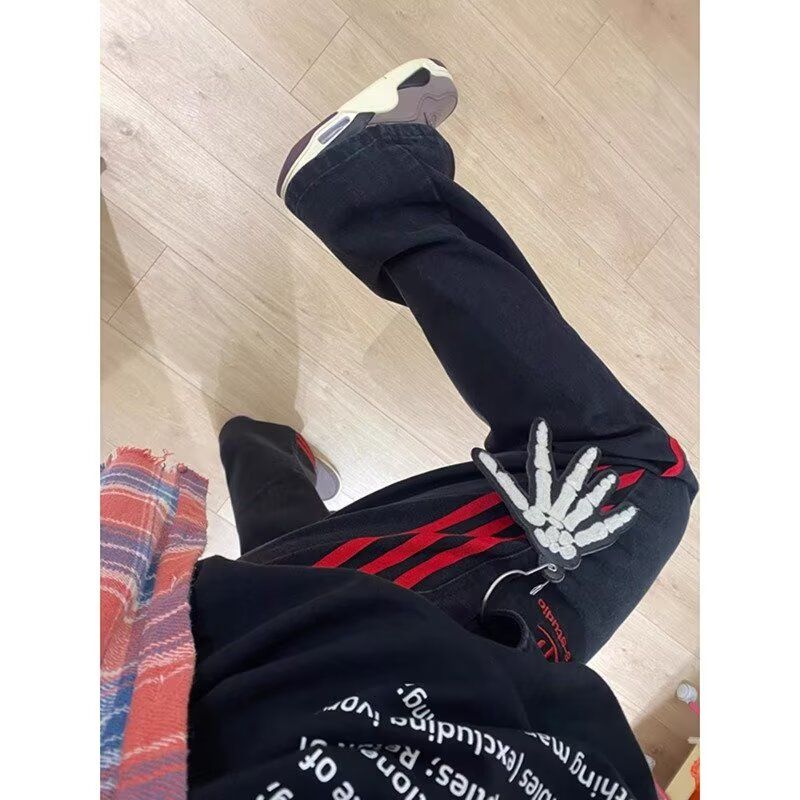 美式复古红色条纹拼接牛仔裤子bf慵懒风休闲裤cleanfit微喇直筒裤