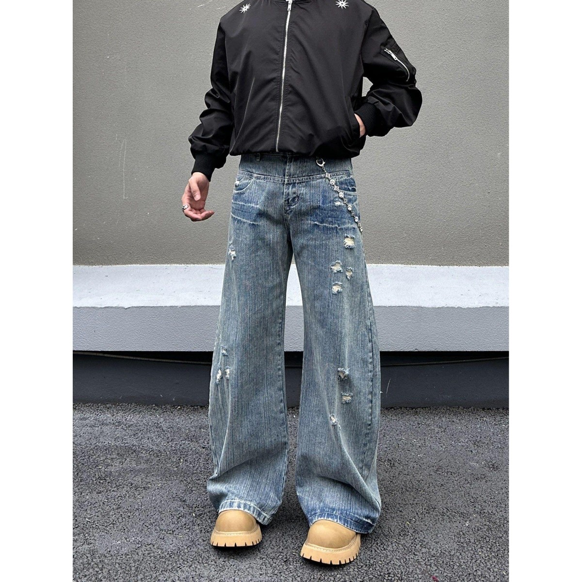 美式街头复古水洗竹节纹破洞牛仔裤男女cleanfit高街痞帅弯刀长裤,男装,牛仔裤,淘宝优惠券,粉丝福利购,淘宝优惠卷