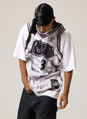 Remedy 76人艾弗森数码印花夏季美式街头潮牌假两件背心短袖T恤男