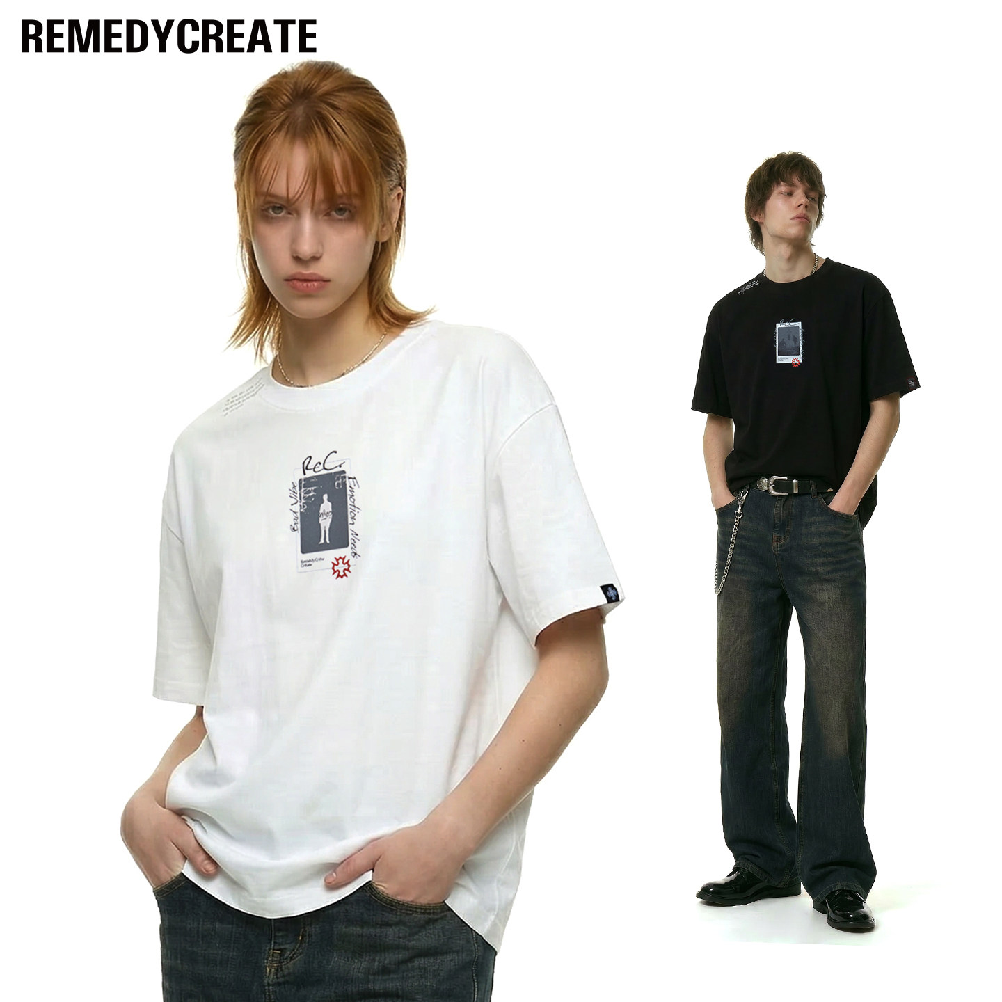 Remedy【拍立得】热感涂层印花短袖T恤男女夏季潮牌宽松半袖体恤