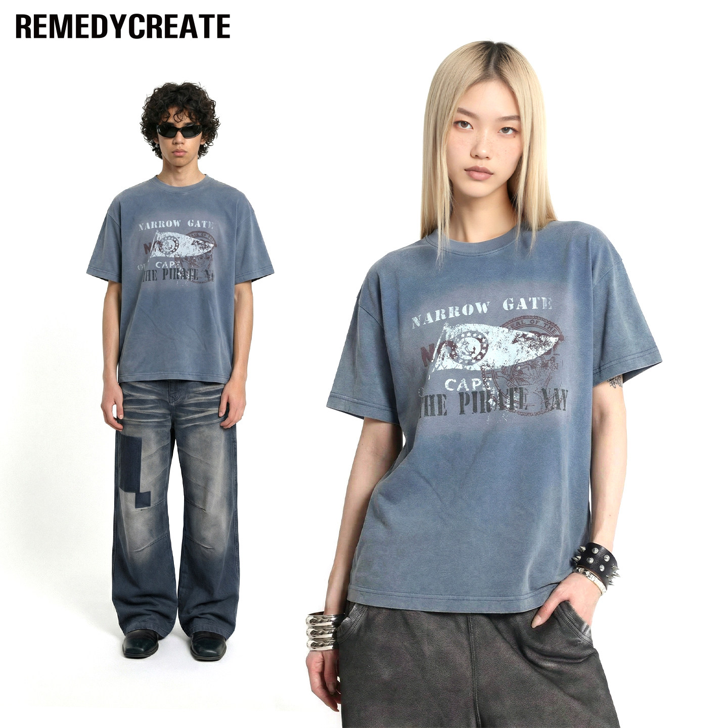 Remedy 水洗做旧街头短宽短袖T恤男女夏季美式潮牌宽松休闲体恤