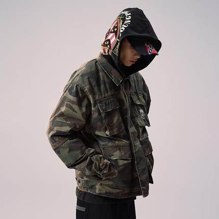 Remedy美式潮牌宽松休闲连帽夹棉外套冬季新款国潮迷彩工装夹克男