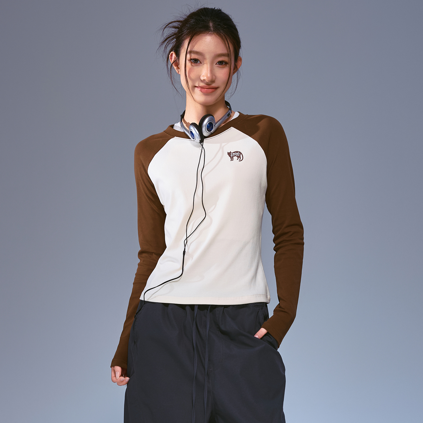 Remedy 秋季新款撞色插肩袖长袖T恤女猫咪印花修身显瘦内搭打底衫