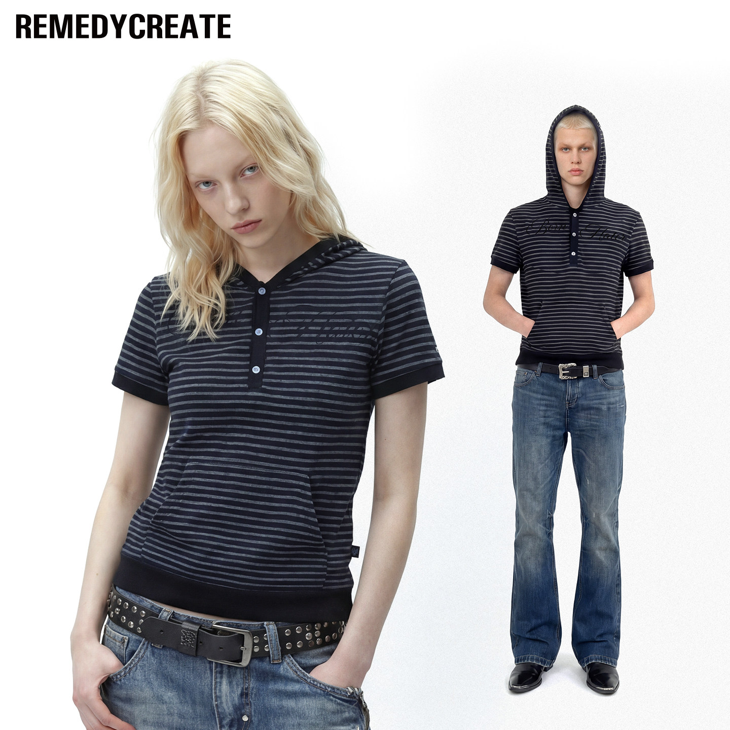 Remedy 条纹修身连帽短袖T恤男女夏季小众设计感紧身正肩体恤上衣