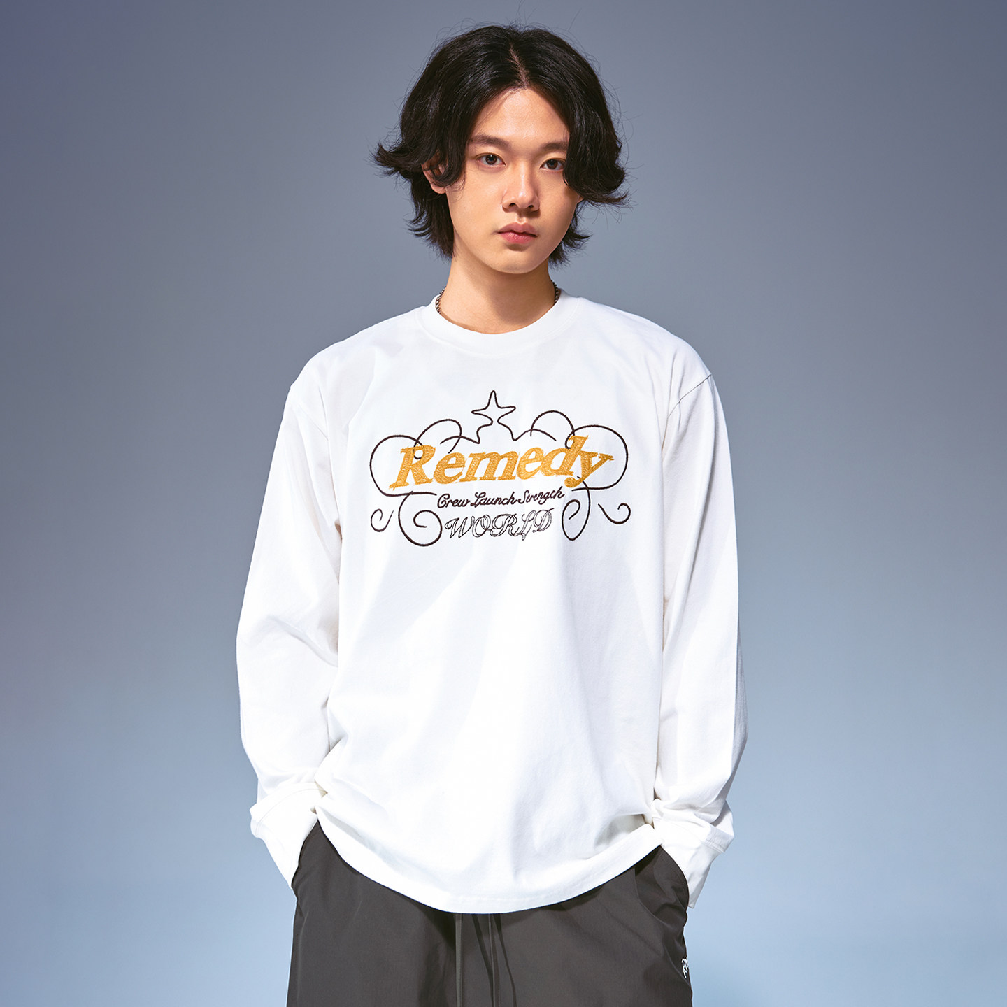 Remedy 国潮秋季字母刺绣宽松圆领打底衫美式潮牌情侣长袖T恤男女