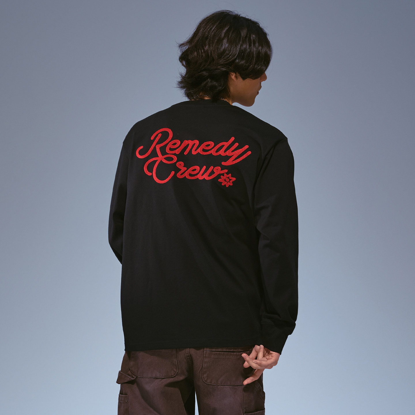 Remedy 国潮秋季字母刺绣宽松圆领体恤美式潮牌情侣长袖T恤男女