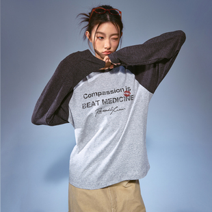 Remedy 字母做旧撞色插肩袖长袖T恤男女美式复古潮牌情侣打底衫