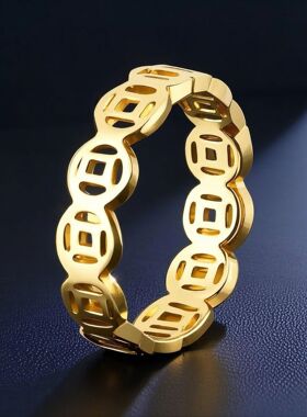 八方来财镂空金色铜钱钛钢戒指