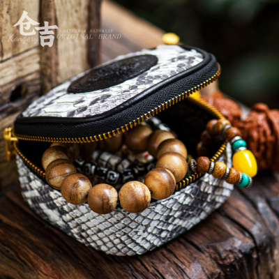 【雲蟒御藏】文玩收纳包！仓吉手工蟒蛇皮橄榄核桃核手串挂包腰包