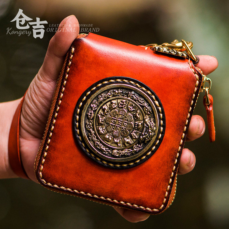 藏传经典！九宫钱包！仓吉手工牛皮男士短款拉链包复古休闲手拿包