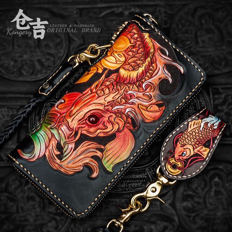 至尊招财鱼！必买钱包！仓吉手工皮雕长款拉链手抓包复古男女真皮