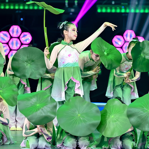 荷叶翩翩儿童古典舞飘逸演出服秧歌舞扇子伞舞荷花舞蹈中国舞表演