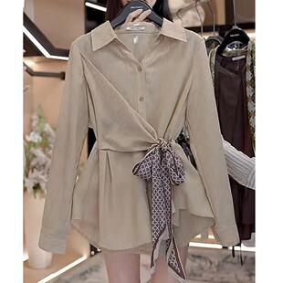 女2026春季 衬衫 新款 大码 不规则收腰上衣 法式 微胖mm中长款 V领长袖