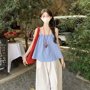 甜美外穿宽松无袖 法式 上衣 2026新款 多巴胺绿色格子吊带背心女夏季