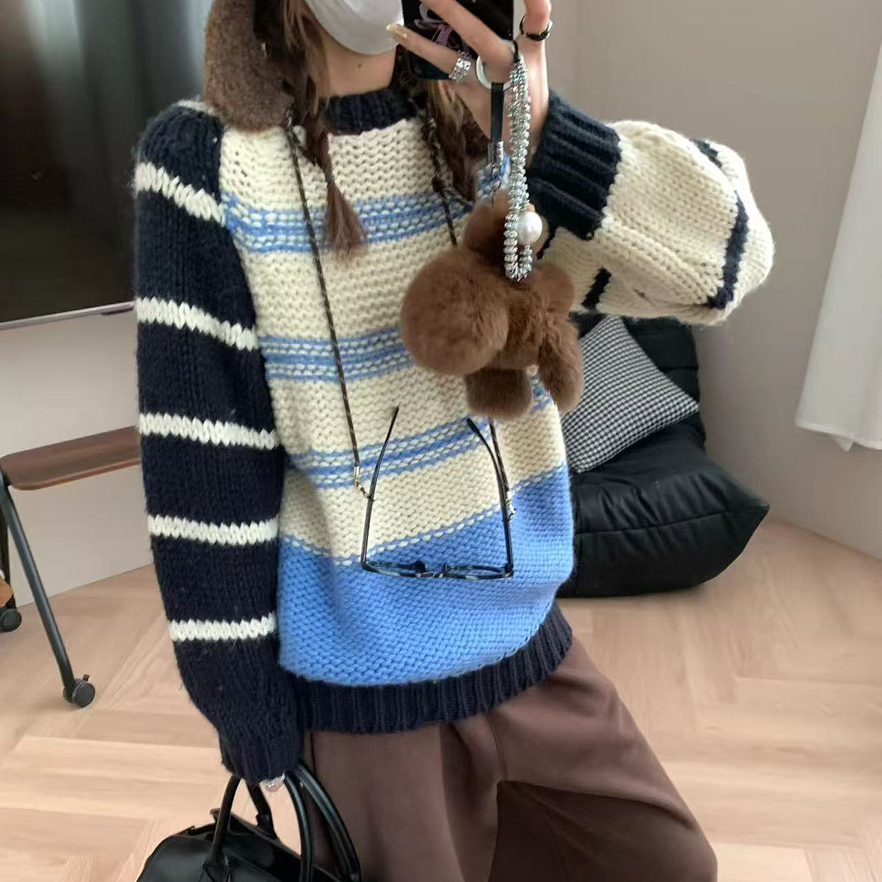 含羊毛秋冬新款时尚百搭宽松圆领加厚麻花粗针织毛衣针织衫高货