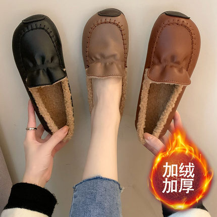 加绒小皮鞋女平底舒适一脚蹬防水棉鞋秋冬薄绒女鞋防滑软底孕妇鞋