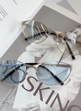 美式复古猫眼蓝色墨镜女Y2k时尚辣妹凹造型街拍防紫外线太阳镜男