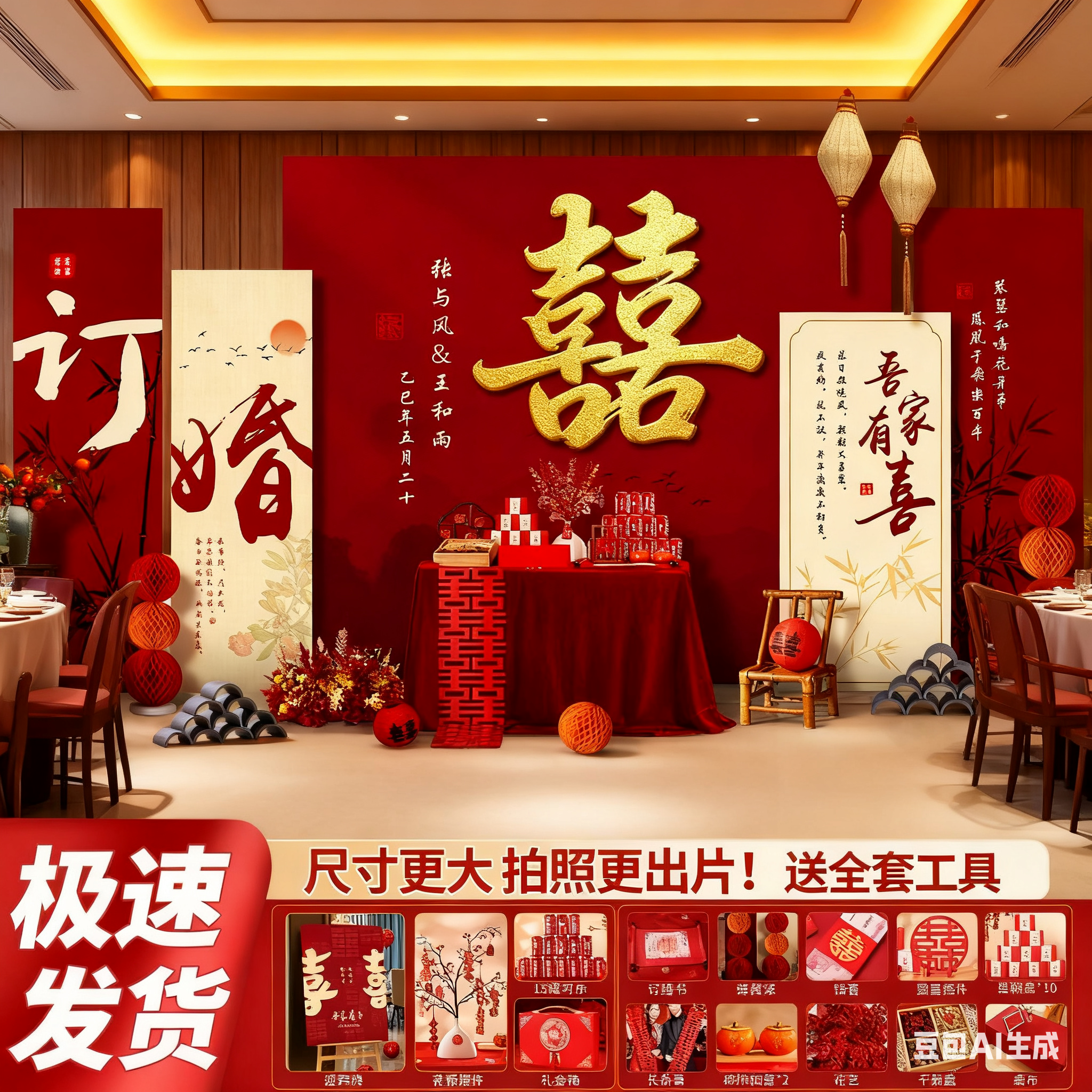 新中式订婚宴布置装饰背景墙kt板