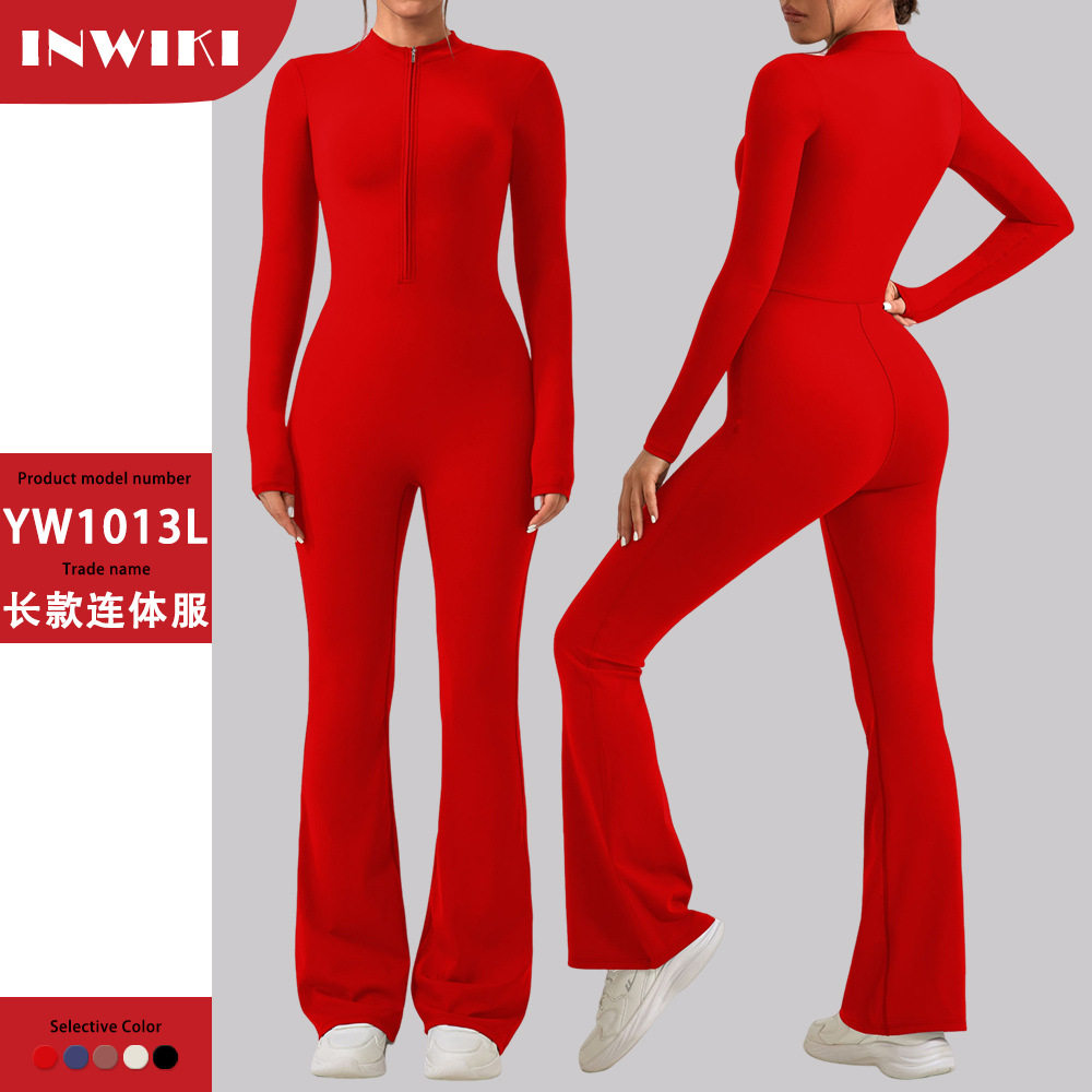 欧美流行拉链长袖长裤微喇连体服修身女提臀运动健身瑜伽服运动服