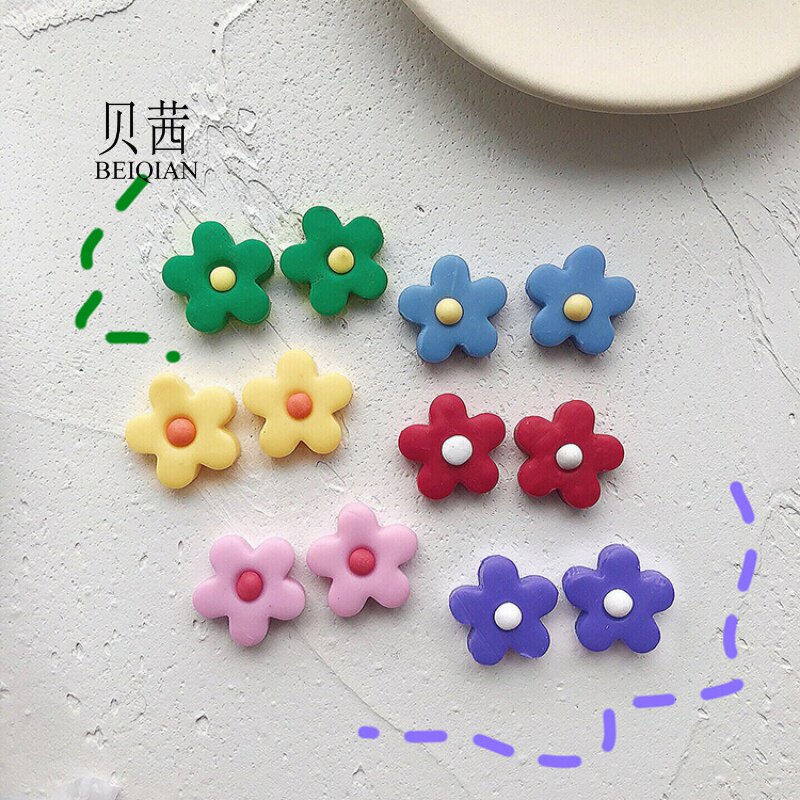 BQ童趣少女泫雅风耳环 软陶泥土小花朵耳钉彩色ins复古花朵耳饰耳