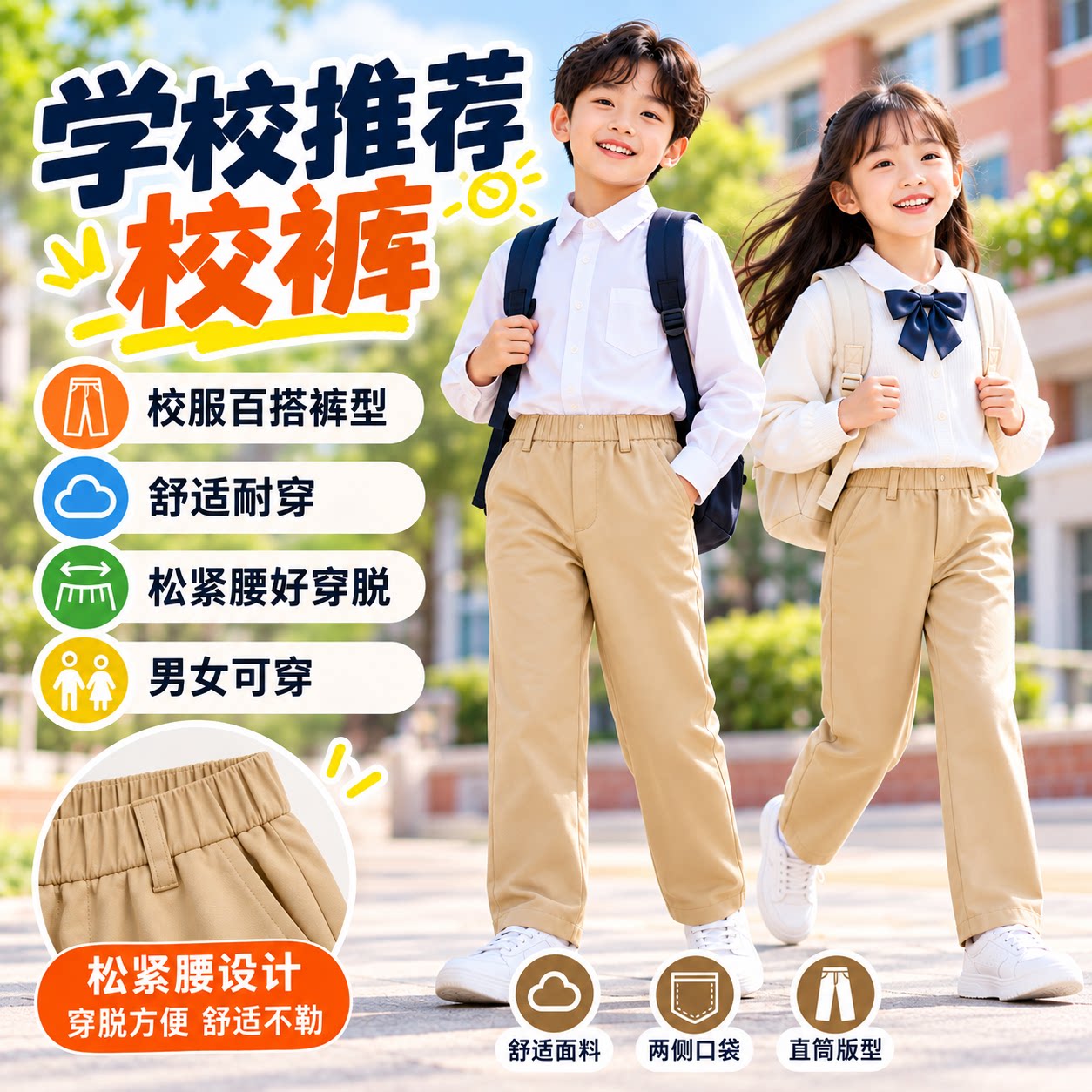 男童西裤儿童春秋款黑卡其藏青色小学生校裤女松紧腰演出校服裤子