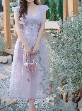 2025夏款法式茶歇初恋长裙子紫色重工刺绣连衣裙夏季9846-1