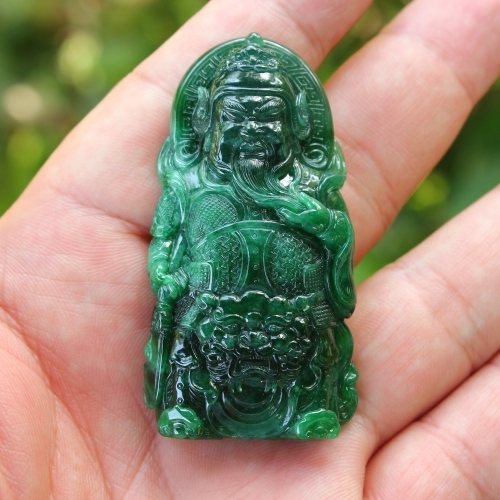 收藏级老坑冰糯种满绿辣绿天然翡翠A货关公挂件武财神吊坠送证书